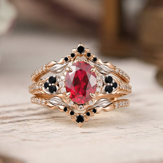 Unique Nature Inspired Oval Cut Lab Ruby Halo Enhancer Bridal Ring Set
