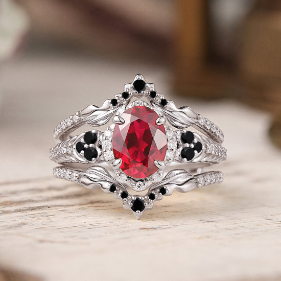 Unique Nature Inspired Oval Cut Lab Ruby Halo Enhancer Bridal Ring Set