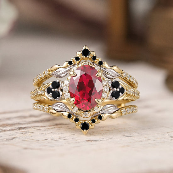 Unique Nature Inspired Oval Cut Lab Ruby Halo Enhancer Bridal Ring Set