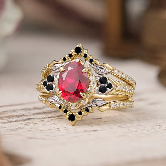 Unique Nature Inspired Oval Cut Lab Ruby Halo Enhancer Bridal Ring Set