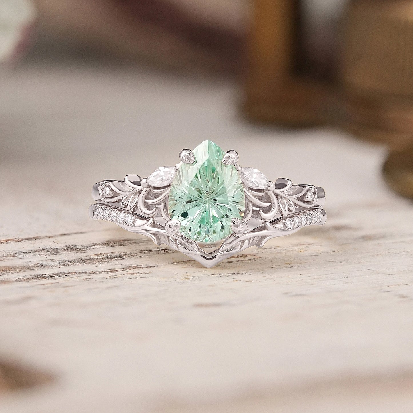 Nature Inspired Pear Shaped Green Sapphire Sparkle Cut Olive Leaf Bridal Ring Set 2pcs - GemsMagic