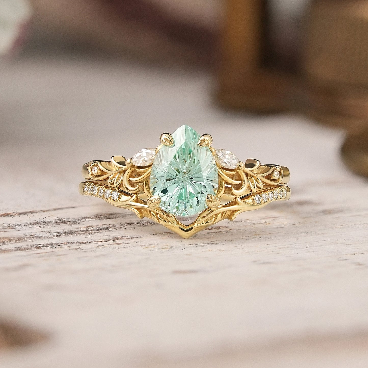 Nature Inspired Pear Shaped Green Sapphire Sparkle Cut Olive Leaf Bridal Ring Set 2pcs - GemsMagic