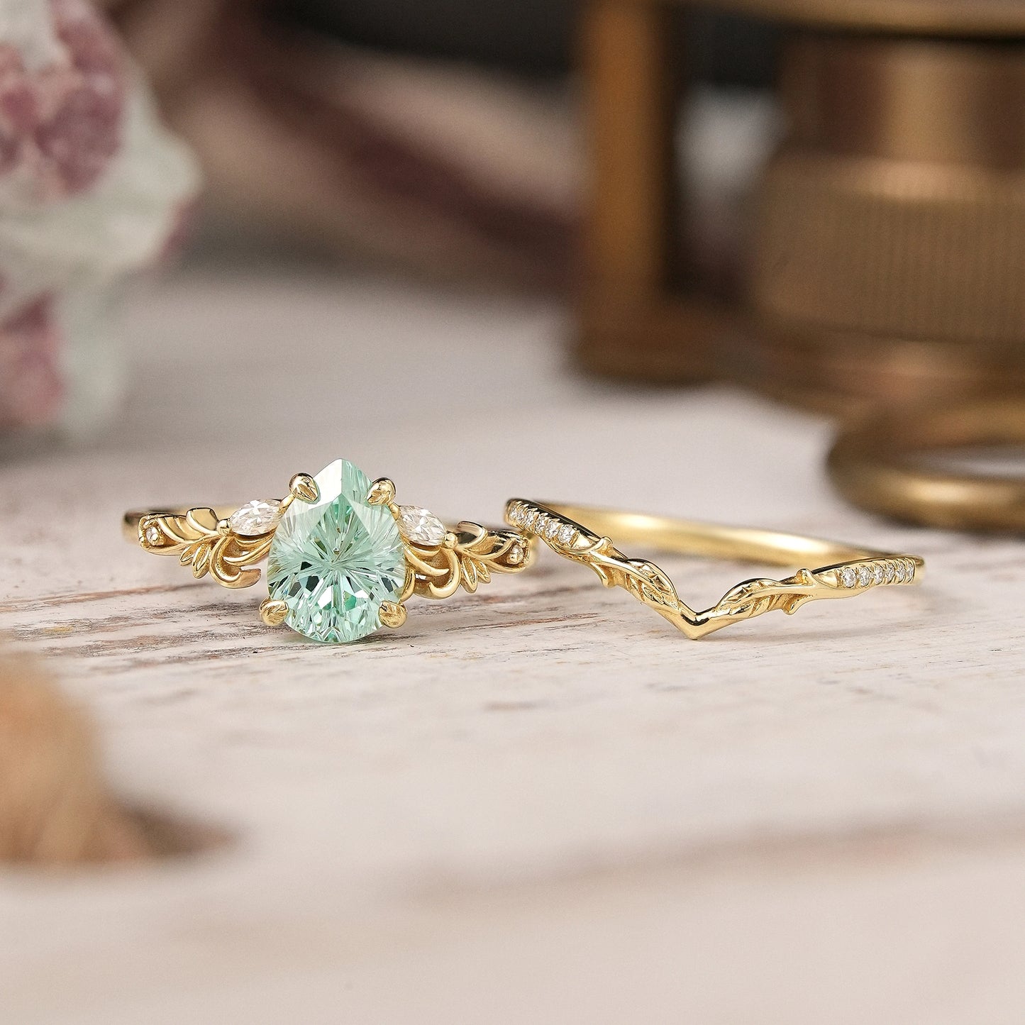 Nature Inspired Pear Shaped Green Sapphire Sparkle Cut Olive Leaf Bridal Ring Set 2pcs - GemsMagic
