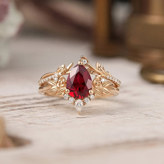 Pear Ruby Rose Gold Ring Leaf And Flower Inspired Bridal Set - GemsMgic