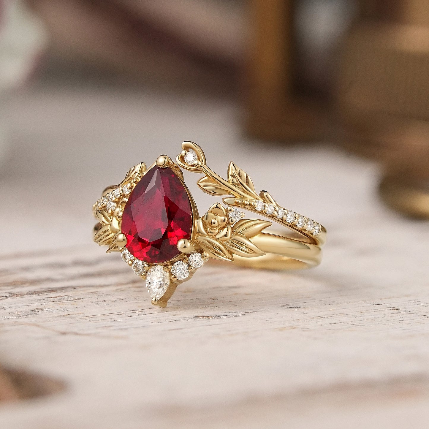 Pear Ruby Rose Gold Ring Leaf And Flower Inspired Bridal Set - GemsMgic