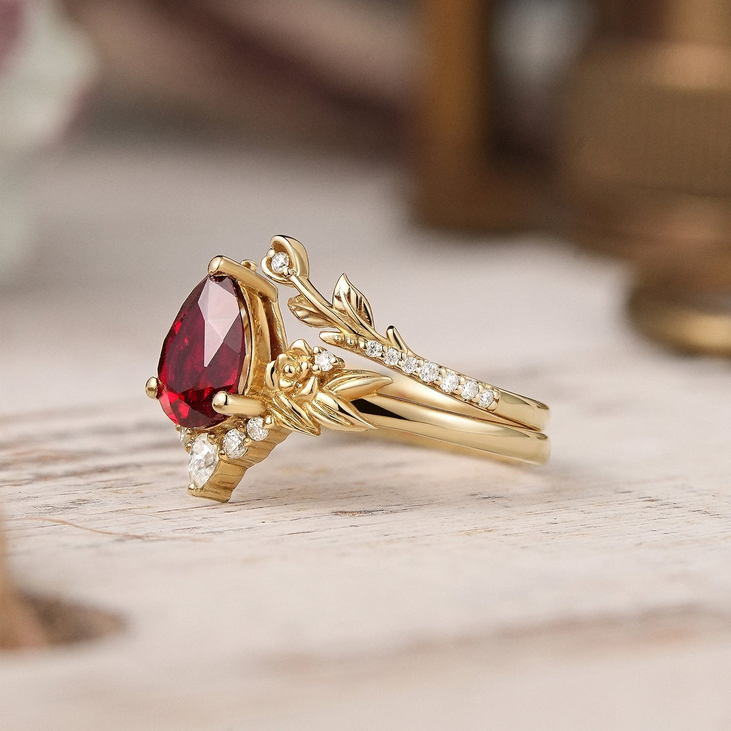 Pear Ruby Rose Gold Ring Leaf And Flower Inspired Bridal Set - GemsMgic