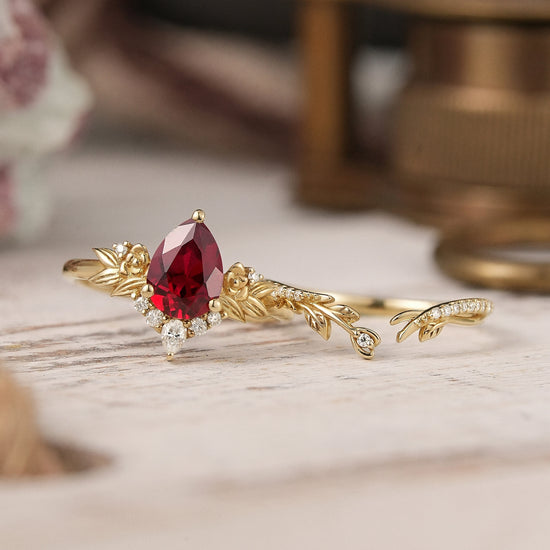 Pear Ruby Rose Gold Ring Leaf And Flower Inspired Bridal Set - GemsMgic
