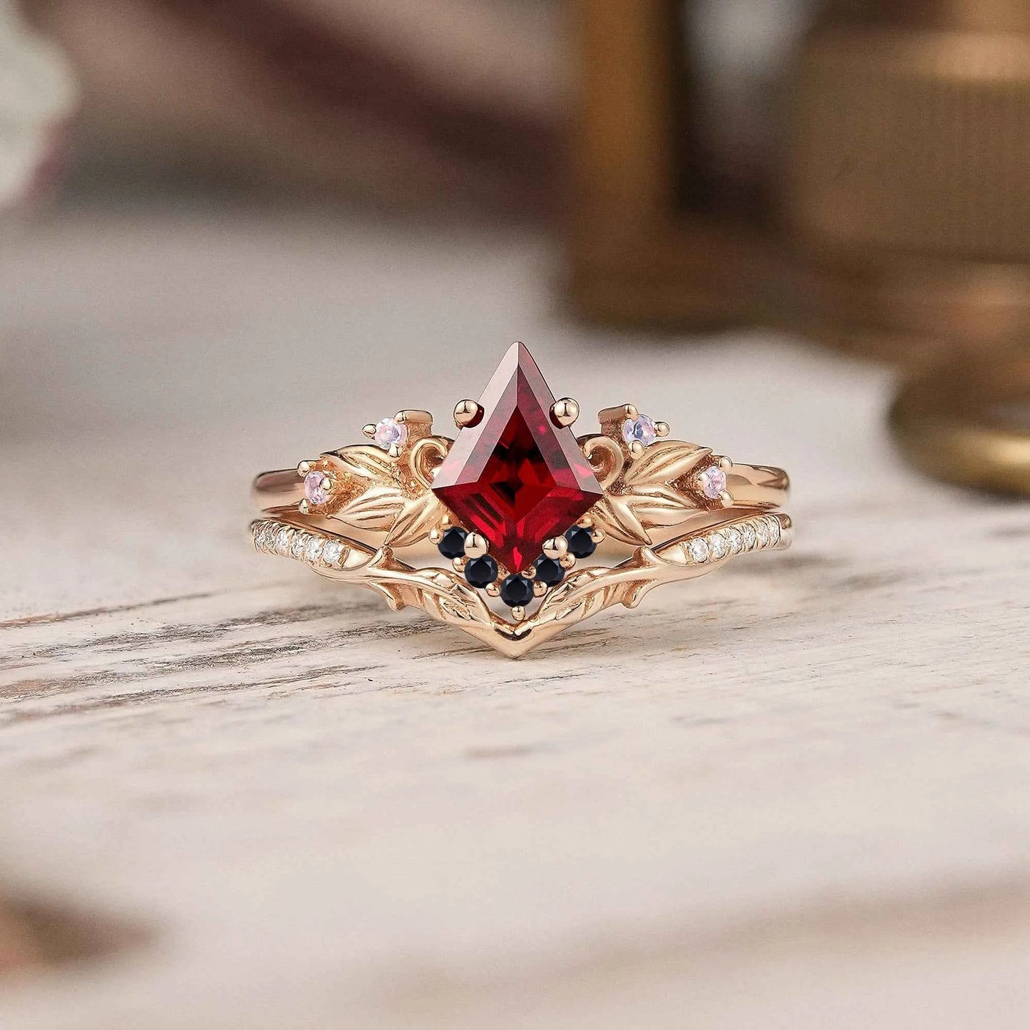 Unique Kite Cut Ruby Nature Inspired Moonstone And Black Onyx Bridal Ring Set - GemsMagic