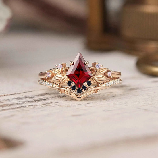 Unique Kite Cut Ruby Nature Inspired Moonstone And Black Onyx Bridal Ring Set - GemsMagic