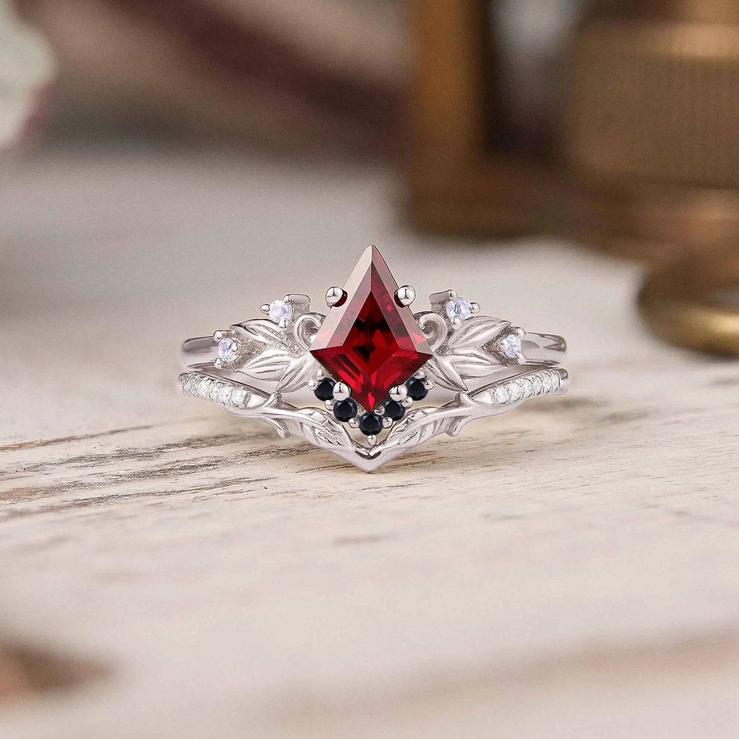 Unique Kite Cut Ruby Nature Inspired Moonstone And Black Onyx Bridal Ring Set - GemsMagic