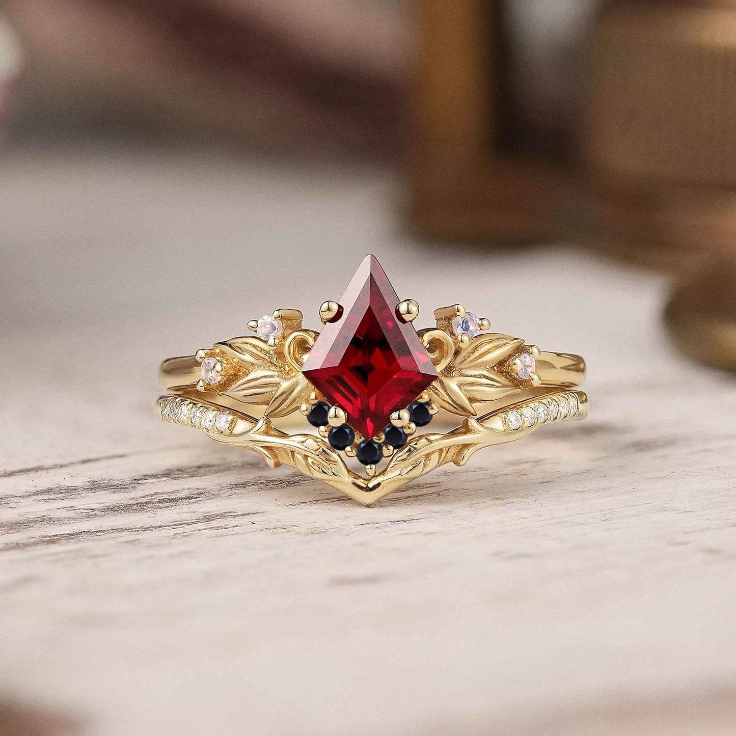 Unique Kite Cut Ruby Nature Inspired Moonstone And Black Onyx Bridal Ring Set - GemsMagic
