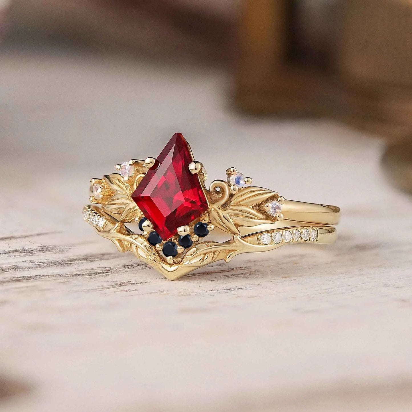 Unique Kite Cut Ruby Nature Inspired Moonstone And Black Onyx Bridal Ring Set - GemsMagic