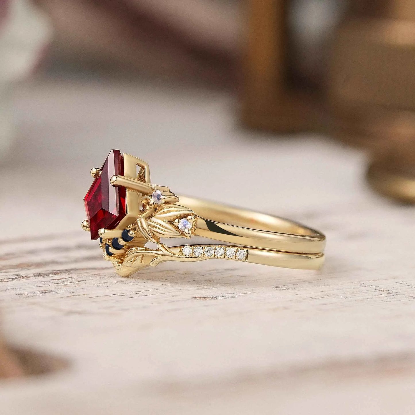 Unique Kite Cut Ruby Nature Inspired Moonstone And Black Onyx Bridal Ring Set - GemsMagic