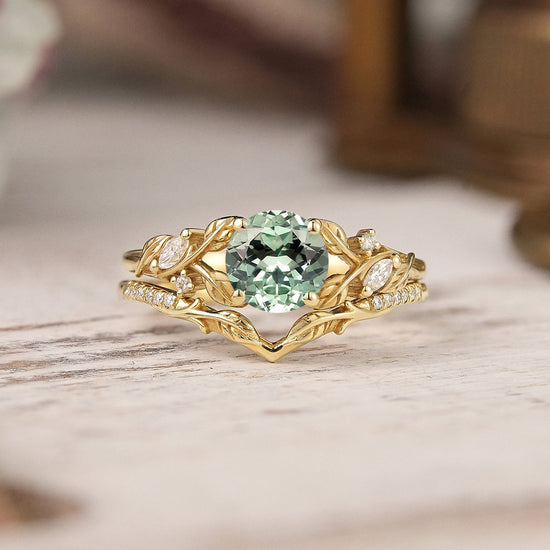 Green Sapphire Split Band Leaf Inspired Bridal Ring Set Elven Ring