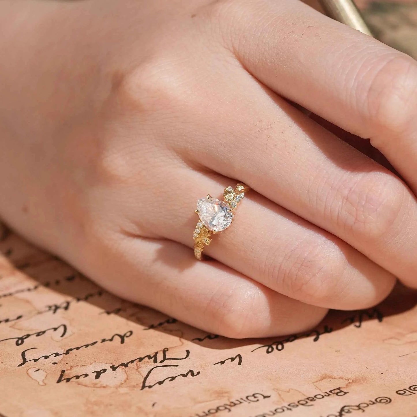 Pear Cut Moissanite Ginkgo Leaf Inspired Engagement Ring