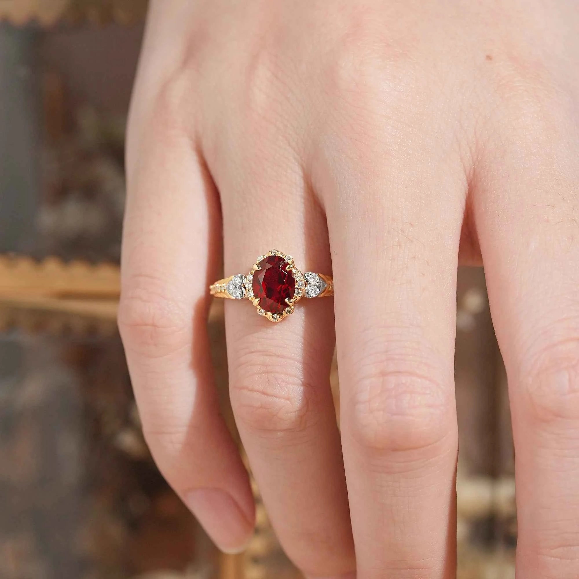 Oval Cut Ruby Halo Vintage Inspired Engagement Ring