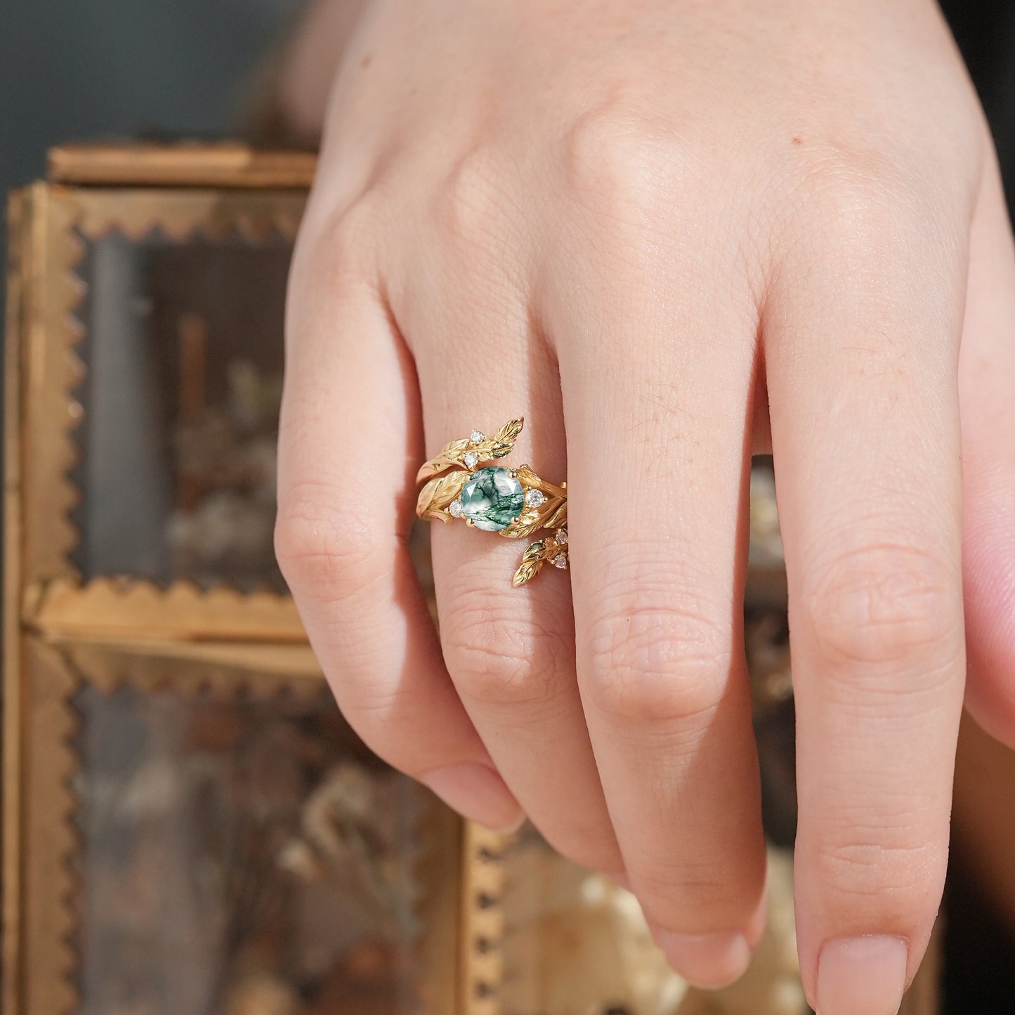 Bark Textured Round Cut Moss Agate Nature Inspired Enhancer Bridal Ring Set