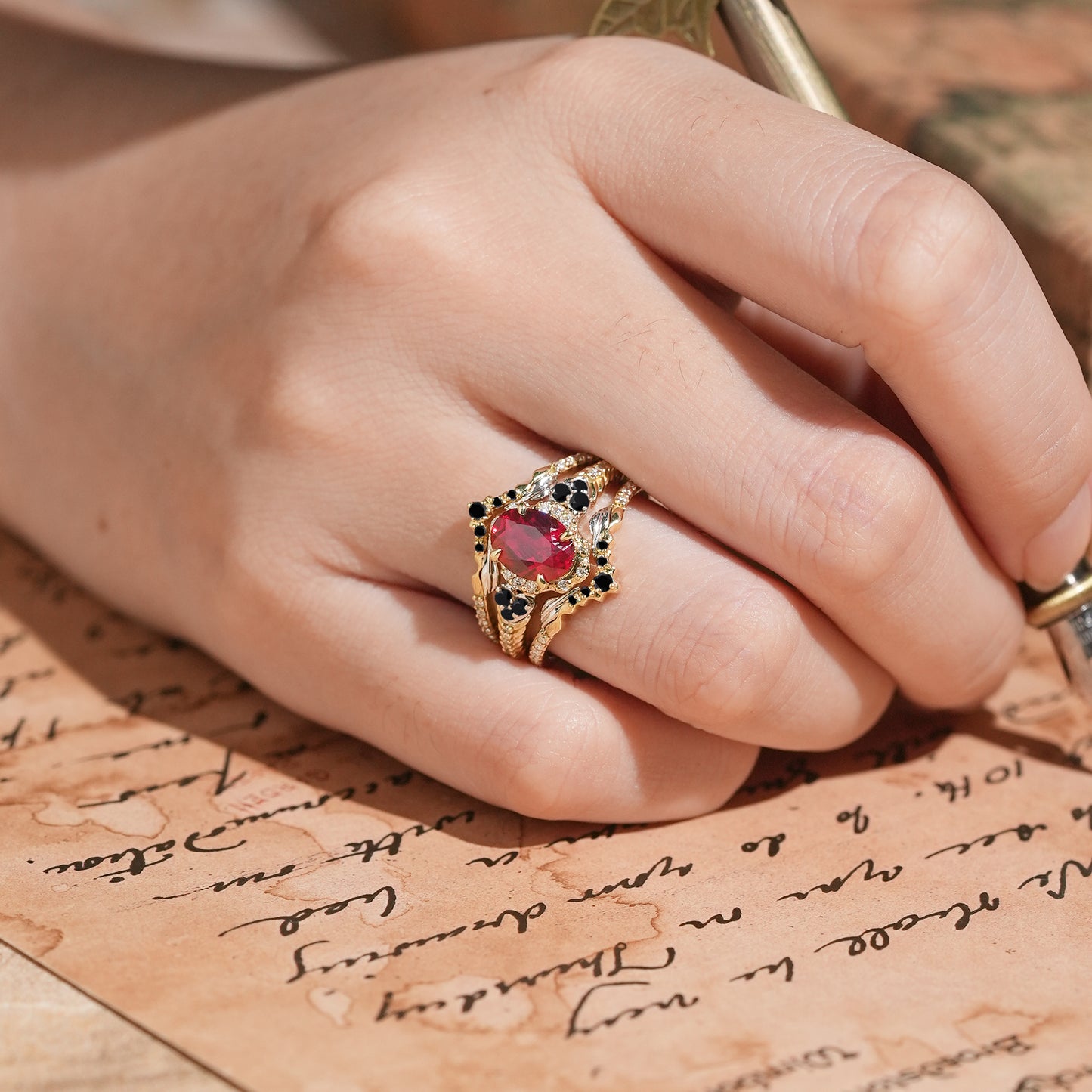 Unique Nature Inspired Oval Cut Lab Ruby Halo Enhancer Bridal Ring Set