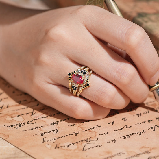 Unique Nature Inspired Oval Cut Lab Ruby Halo Enhancer Bridal Ring Set