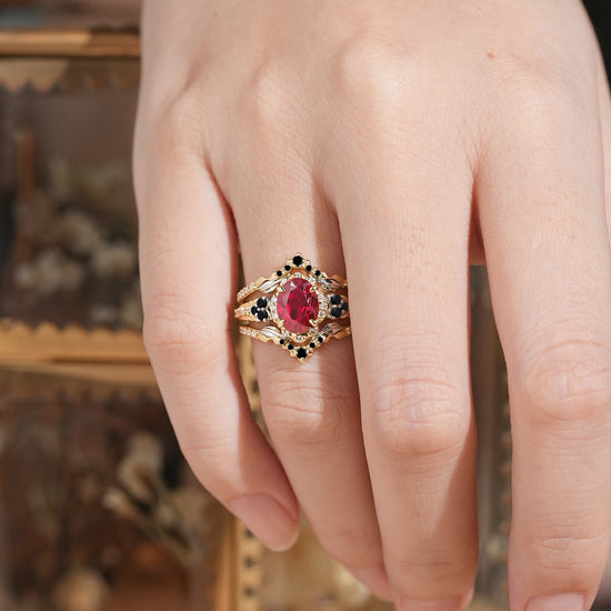 Unique Nature Inspired Oval Cut Lab Ruby Halo Enhancer Bridal Ring Set
