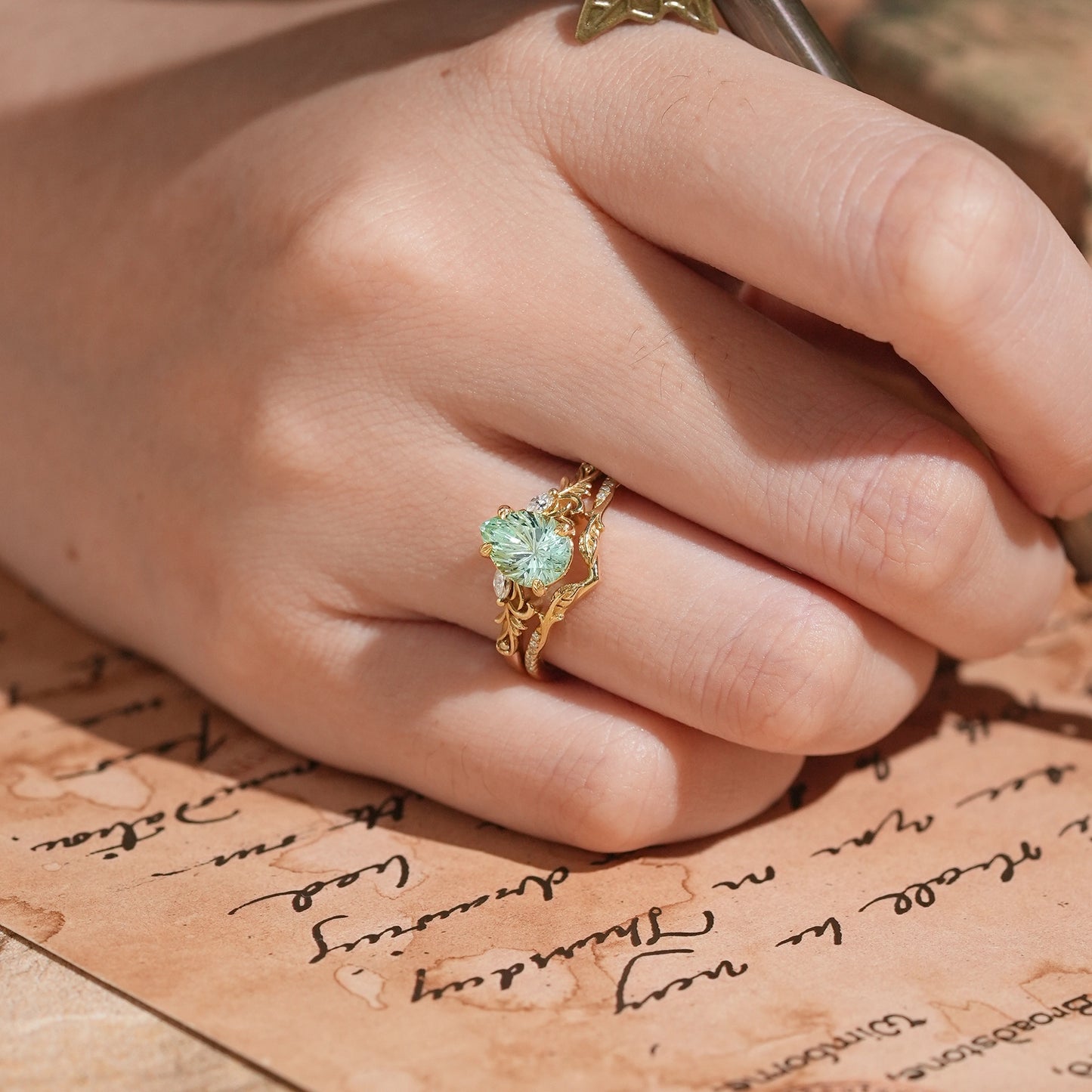 Nature Inspired Pear Shaped Green Sapphire Sparkle Cut Olive Leaf Bridal Ring Set 2pcs - GemsMagic