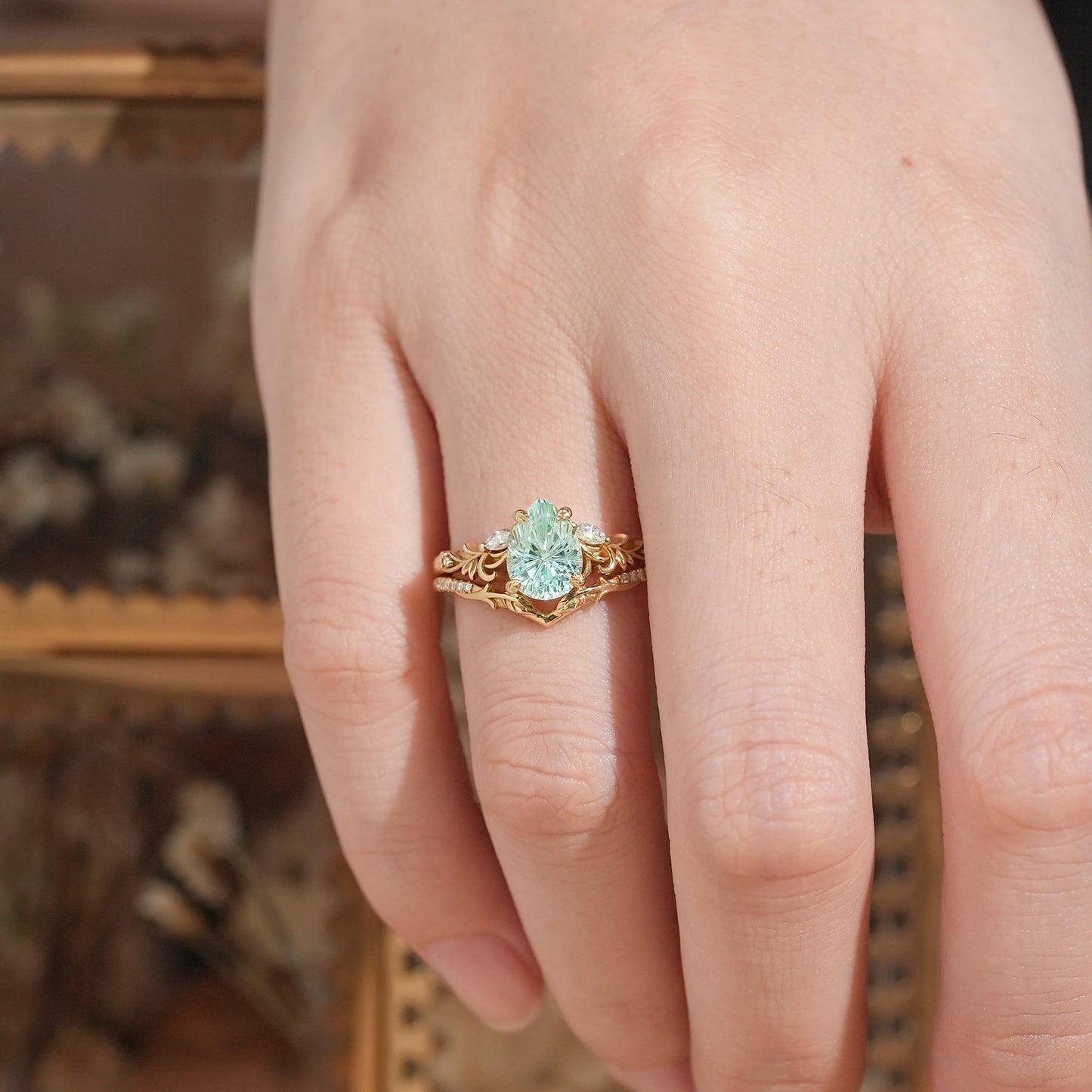 Nature Inspired Pear Shaped Green Sapphire Sparkle Cut Olive Leaf Bridal Ring Set 2pcs - GemsMagic