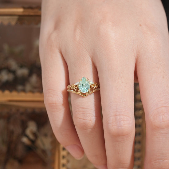 Nature Inspired Pear Shaped Green Sapphire Sparkle Cut Olive Leaf Bridal Ring Set 2pcs - GemsMagic
