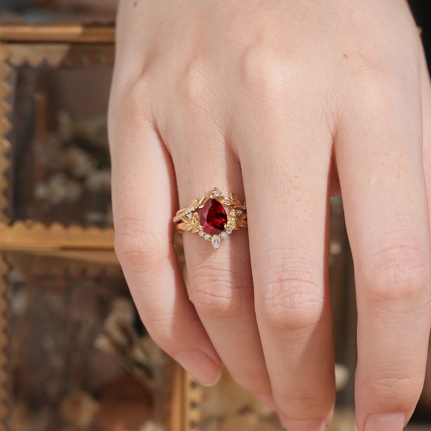 Pear Ruby Rose Gold Ring Leaf And Flower Inspired Bridal Set - GemsMgic