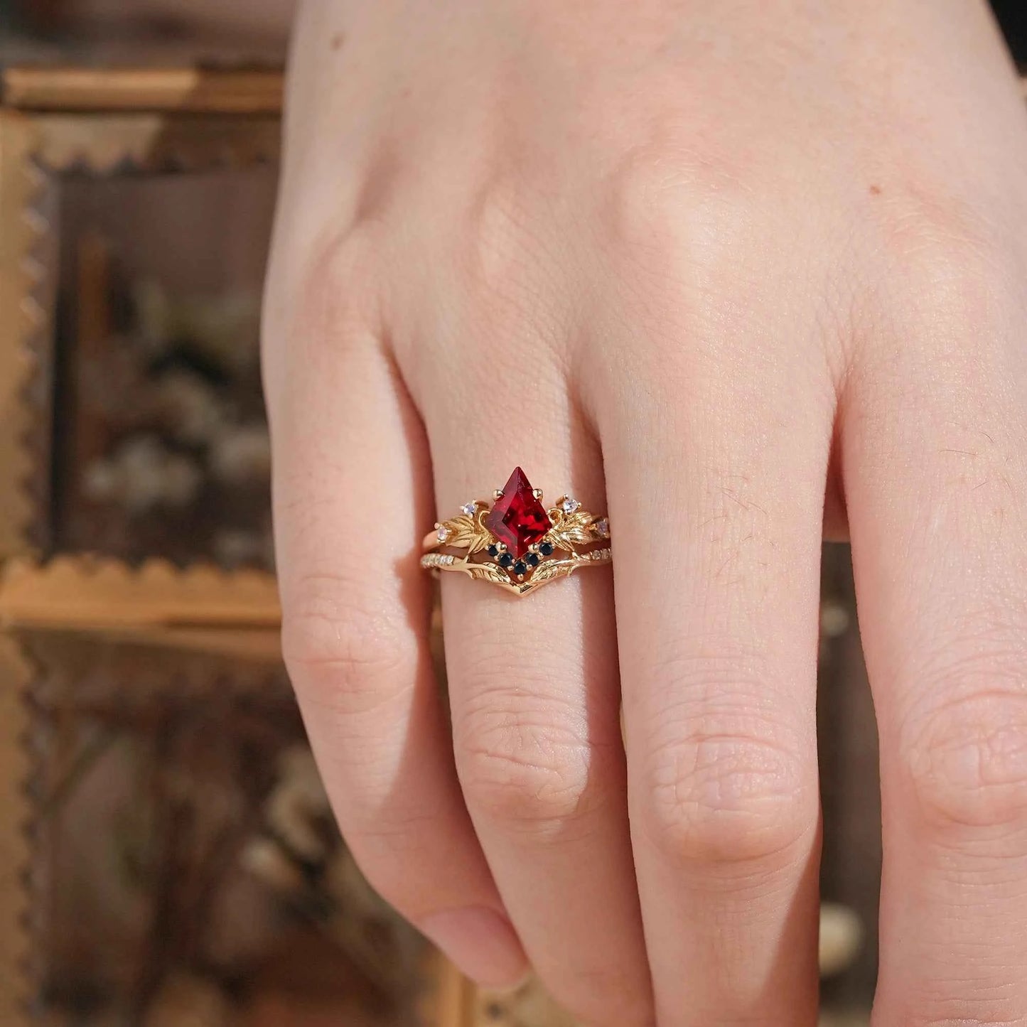 Unique Kite Cut Ruby Nature Inspired Moonstone And Black Onyx Bridal Ring Set - GemsMagic