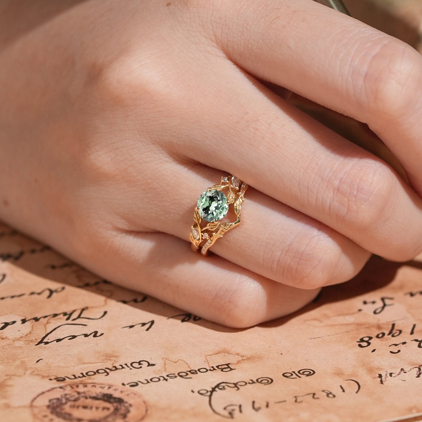 Green Sapphire Split Band Leaf Inspired Bridal Ring Set Elven Ring