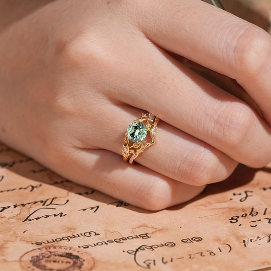 Green Sapphire Split Band Leaf Inspired Bridal Ring Set Elven Ring