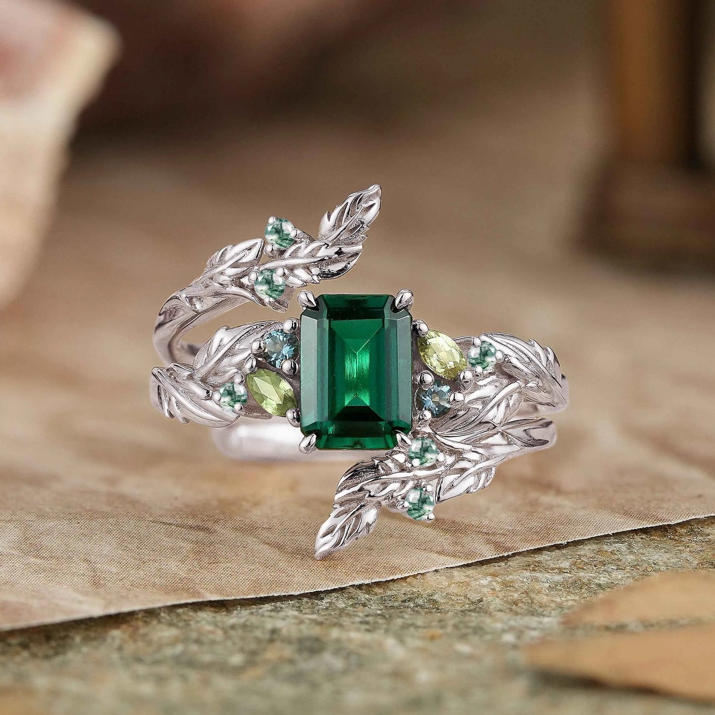 Emerald Cut Emerald Leaf Enhancer Ring Nature Inspired Bridal Ring Set 2pcs - GemsMagic