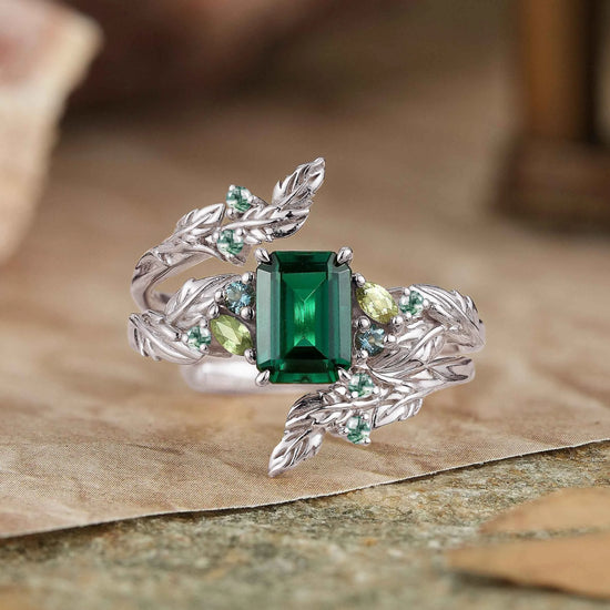 Emerald Cut Emerald Leaf Enhancer Ring Nature Inspired Bridal Ring Set 2pcs - GemsMagic