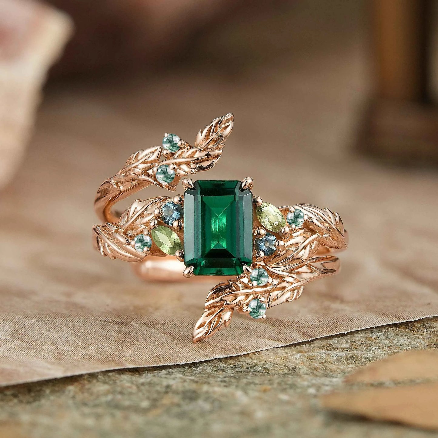 Emerald Cut Emerald Leaf Enhancer Ring Nature Inspired Bridal Ring Set 2pcs - GemsMagic