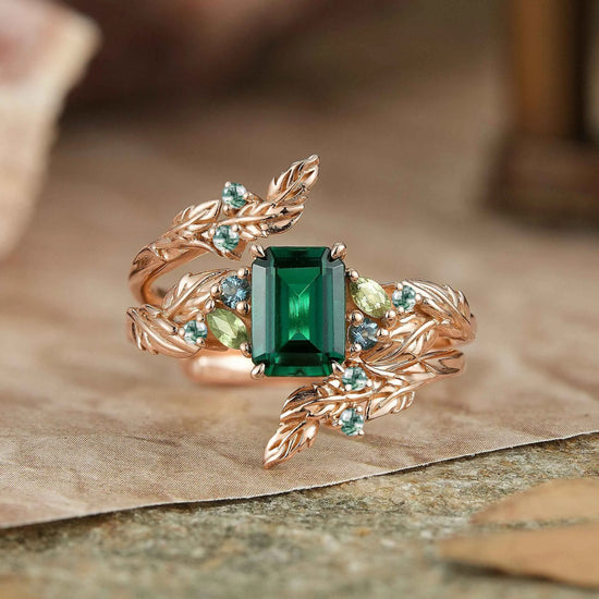 Emerald Cut Emerald Leaf Enhancer Ring Nature Inspired Bridal Ring Set 2pcs - GemsMagic
