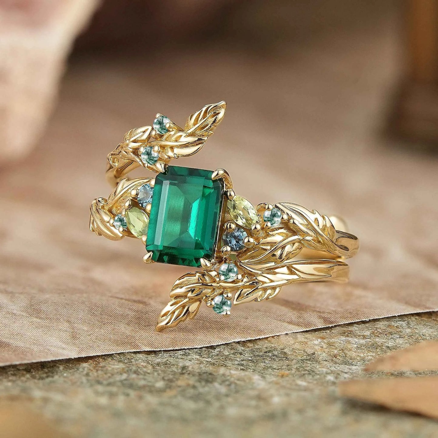Emerald Cut Emerald Leaf Enhancer Ring Nature Inspired Bridal Ring Set 2pcs - GemsMagic