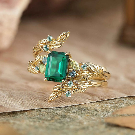 Emerald Cut Emerald Leaf Enhancer Ring Nature Inspired Bridal Ring Set 2pcs - GemsMagic