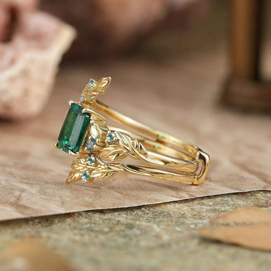 Emerald Cut Emerald Leaf Enhancer Ring Nature Inspired Bridal Ring Set 2pcs - GemsMagic