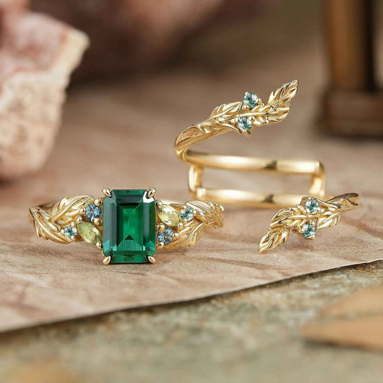 Emerald Cut Emerald Leaf Enhancer Ring Nature Inspired Bridal Ring Set 2pcs - GemsMagic