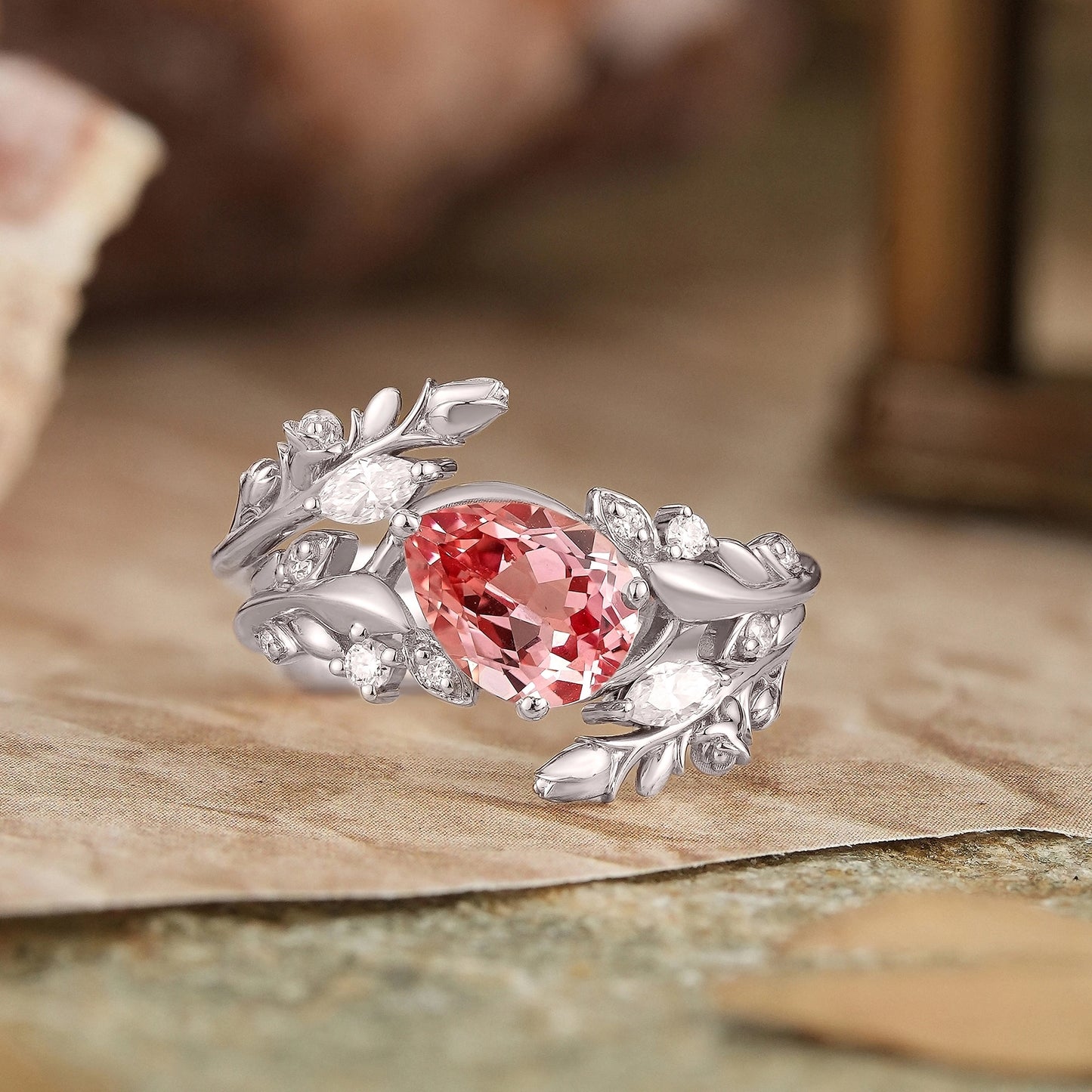 Tilted Pear Cut Pink Padparadscha Flower Inspired Enhancer Bridal Ring Set - GemsMagic