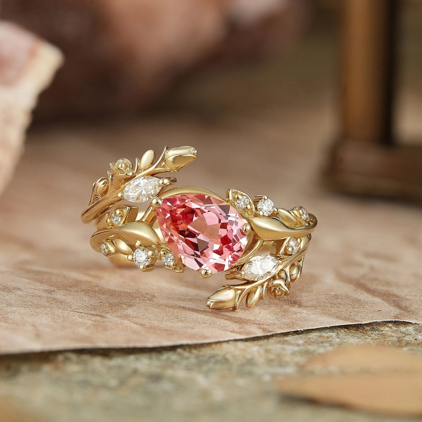 Tilted Pear Cut Pink Padparadscha Flower Inspired Enhancer Bridal Ring Set - GemsMagic