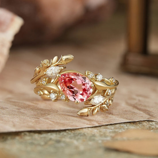 Tilted Pear Cut Pink Padparadscha Flower Inspired Enhancer Bridal Ring Set - GemsMagic