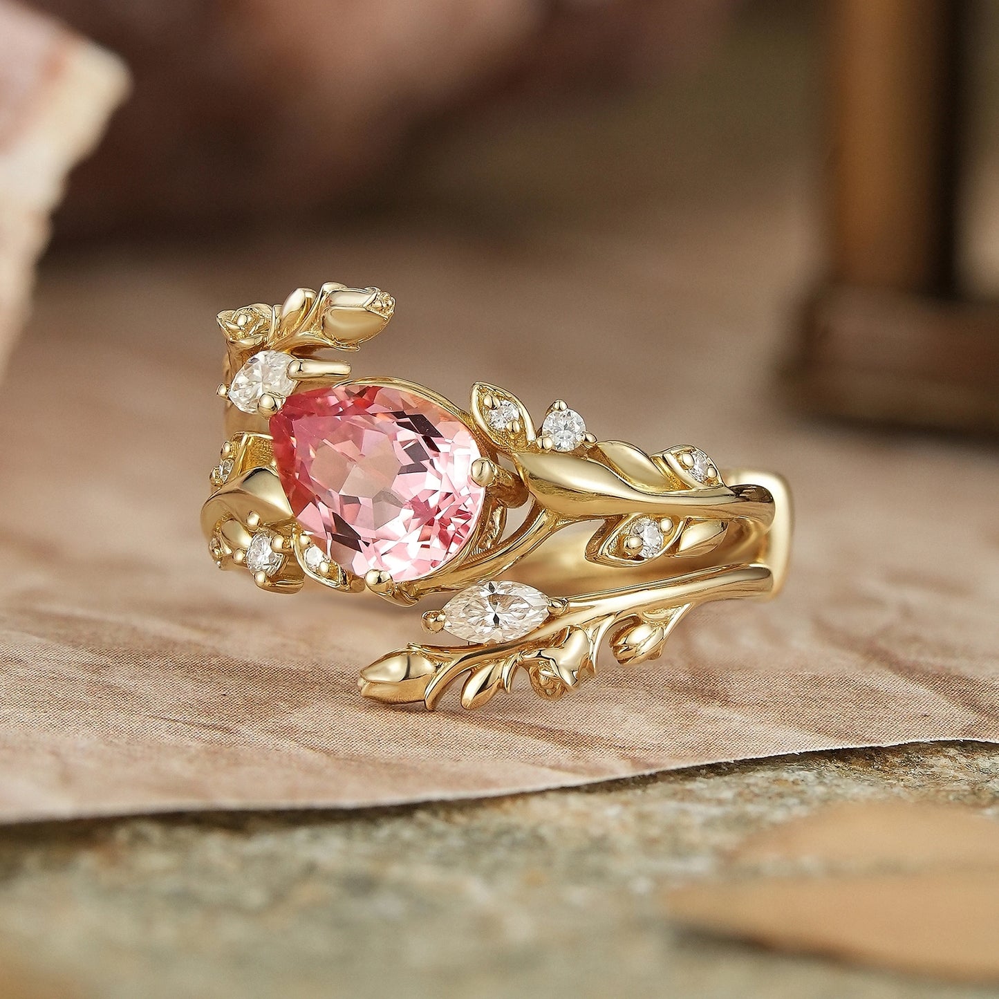 Tilted Pear Cut Pink Padparadscha Flower Inspired Enhancer Bridal Ring Set - GemsMagic