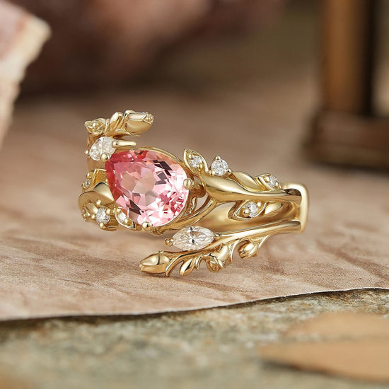 Tilted Pear Cut Pink Padparadscha Flower Inspired Enhancer Bridal Ring Set - GemsMagic
