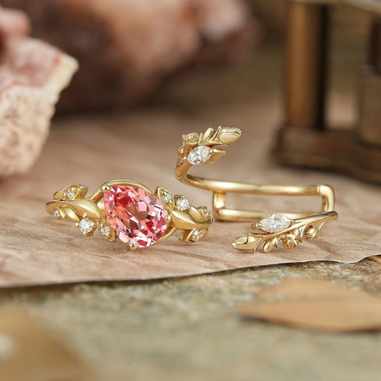Tilted Pear Cut Pink Padparadscha Flower Inspired Enhancer Bridal Ring Set - GemsMagic