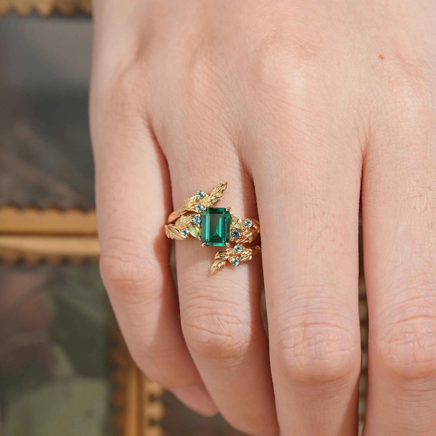Emerald Cut Emerald Leaf Enhancer Ring Nature Inspired Bridal Ring Set 2pcs - GemsMagic