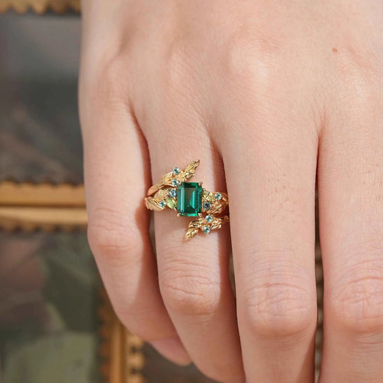 Emerald Cut Emerald Leaf Enhancer Ring Nature Inspired Bridal Ring Set 2pcs - GemsMagic