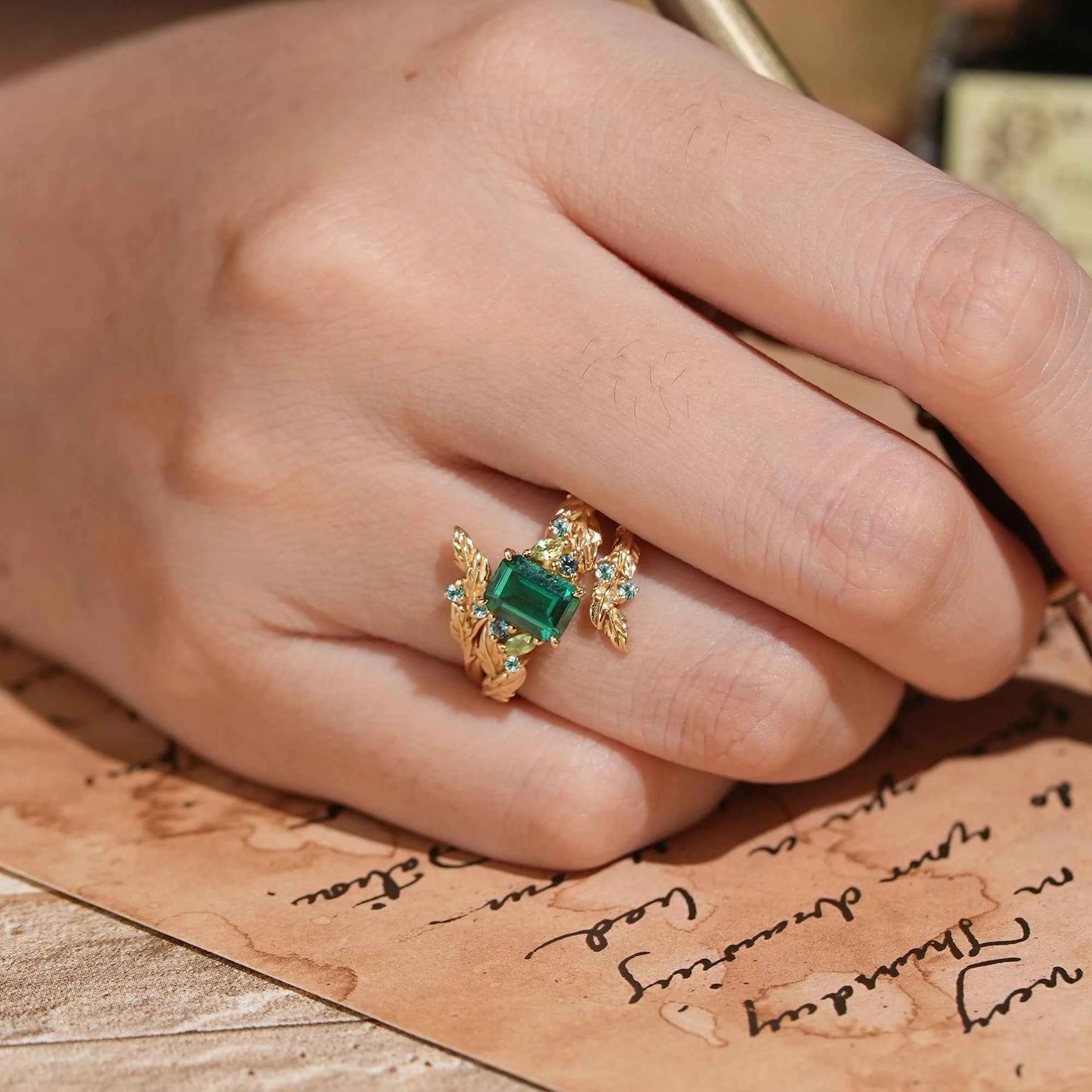 Emerald Cut Emerald Leaf Enhancer Ring Nature Inspired Bridal Ring Set 2pcs - GemsMagic