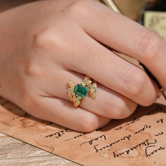Emerald Cut Emerald Leaf Enhancer Ring Nature Inspired Bridal Ring Set 2pcs - GemsMagic