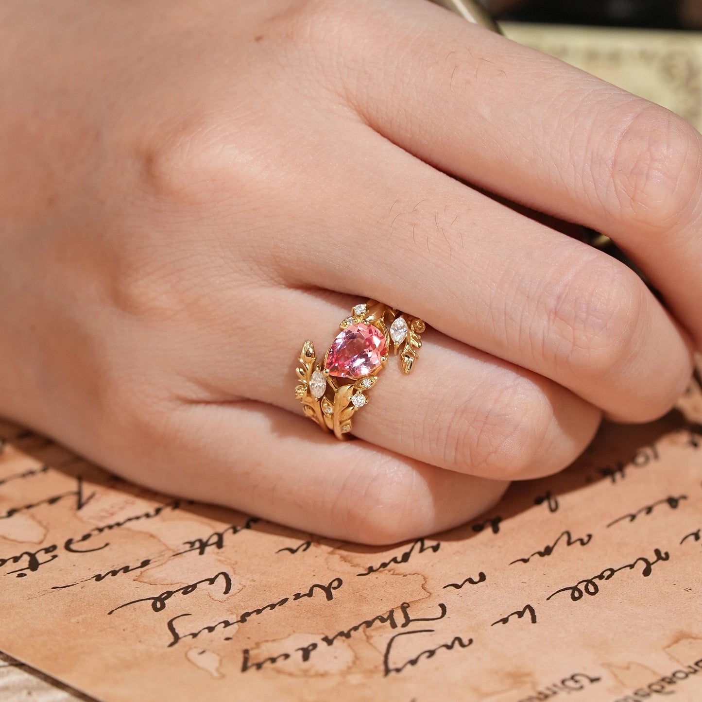 Tilted Pear Cut Pink Padparadscha Flower Inspired Enhancer Bridal Ring Set - GemsMagic